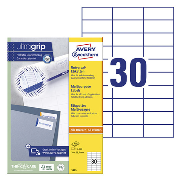 Avery Zweckform 3489 étiquettes multi-usages A4 70 x 29,7 mm (3000 étiquettes) - blanc 3489 212480 - 1