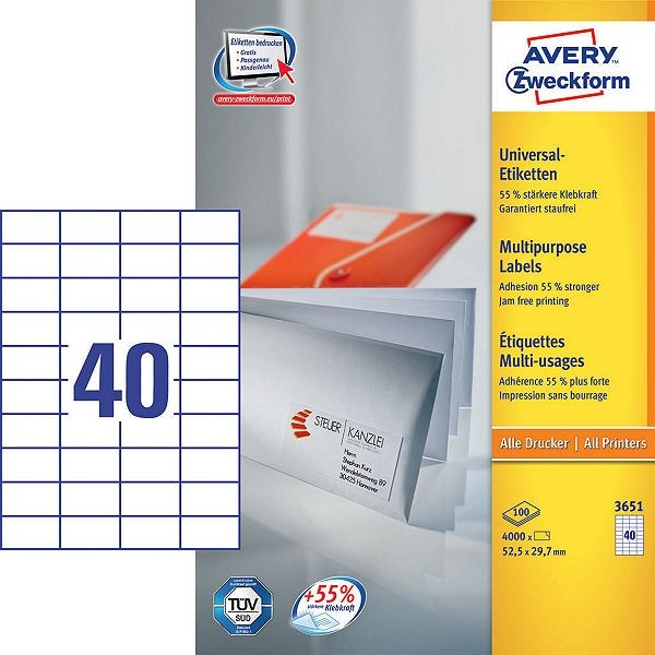 Avery Zweckform 3651 étiquettes multi-usages 52,5 x 29,7 mm (4000 étiquettes) 3651 212028 - 1