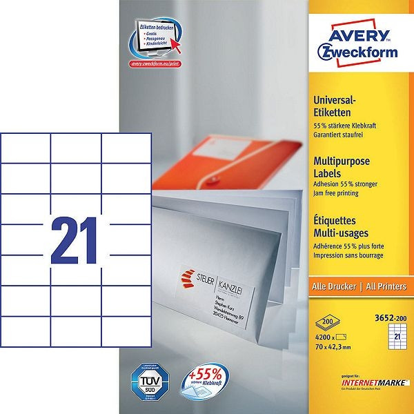 Avery Zweckform 3652-200 étiquettes multi-usages 70 x 42,3 mm (4200 étiquettes) 3652-200 212484 - 1