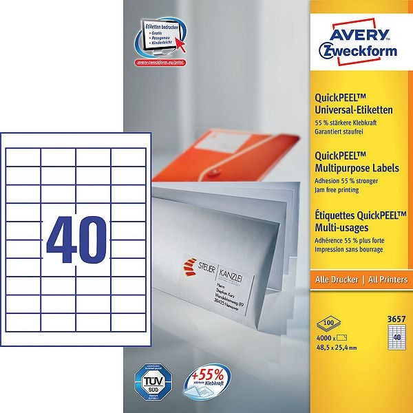 Avery Zweckform 3657 étiquettes universelles A4 48,5 x 25,4 mm (4000 étiquettes) - blanc 3657 212026 - 1