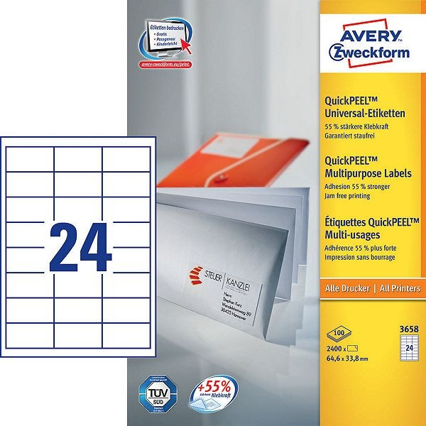 Avery Zweckform 3658 étiquettes multi-usages 64,6 x 33,8 mm (2400 étiquettes) 3658 212032 - 1