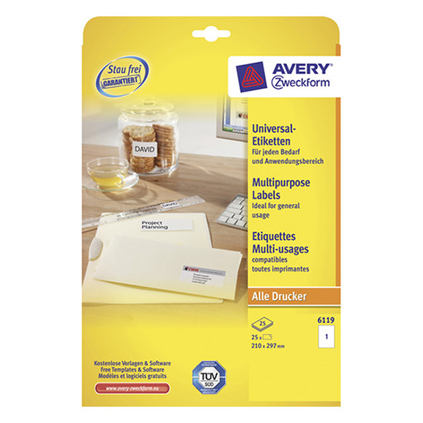 Avery Zweckform 6119 étiquettes multi-usages A4 210 x 297 mm (25 étiquettes) - blanc 6119 212631 - 1