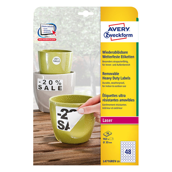 Avery Zweckform L4716REV-20 étiquettes résistantes aux intempéries A4 Ø 30 mm (960 étiquettes) - blanc L4716REV-20 212820 - 1