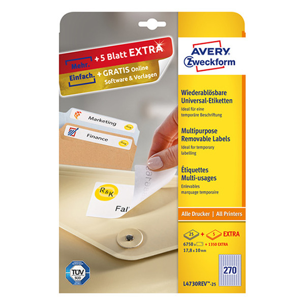 Avery Zweckform L4730-25 étiquettes multi-usages A4 17,8 x 10 mm (6750 étiquettes) - blanc L4730REV-25 212572 - 1