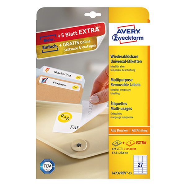 Avery Zweckform L4737-25 étiquettes multi-usages A4 63,5 x 29,6 mm (675 étiquettes) - blanc L4737REV-25 212582 - 1