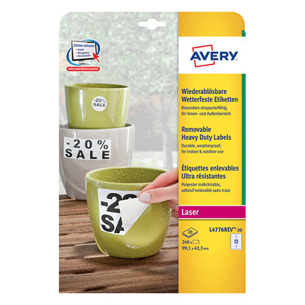 Avery Zweckform L4776REV-20 étiquettes résistantes aux intempéries A4 99,1 x 42,3 mm (240 étiquettes) - blanc L4776REV-20 212732 - 1