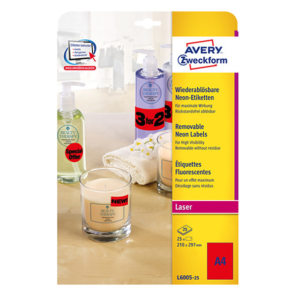 Avery Zweckform L6005-25 étiquettes fluorescentes A4 210 x 297 mm (25 étiquettes) - rouge L6005-25 212747 - 1