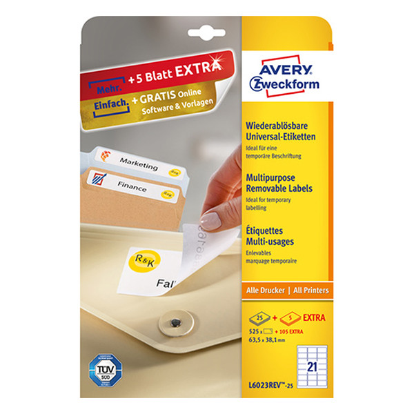 Avery Zweckform L6023REV-25 étiquettes amovibles A4 63,5 x 38,1 mm (525 étiquettes) - blanc L6023REV-25 212805 - 1