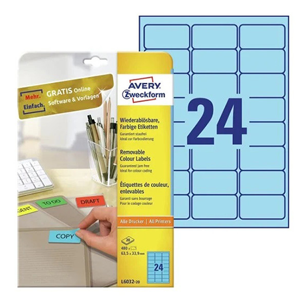 Avery Zweckform L6032-20 étiquettes amovibles A4 63,5 x 33,9 mm (480 étiquettes) - bleu L6032-20 212754 - 1