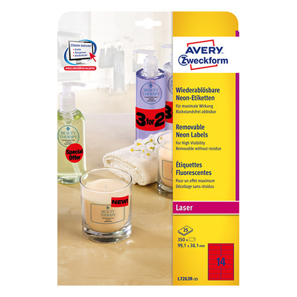 Avery Zweckform L7263R-25 étiquettes fluorescentes A4 99,1 x 38,1 mm (350 étiquettes) - rouge L7263R-25 212753 - 1