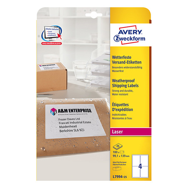 Avery Zweckform L7994-25 étiquettes d’expédition résistantes aux intempéries A4 99,1 x 139 mm (100 étiquettes) - blanc AV-L7994-25 212806 - 1