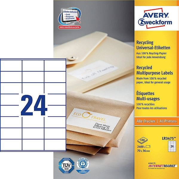 Avery Zweckform LR3475 étiquettes multi-usages recyclées 70 x 36 mm (2400 étiquettes) LR3475 212056 - 1