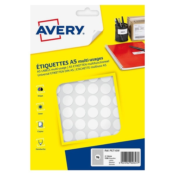 Avery Zweckform PET15W pastilles adhésives Ø 15 mm (960 étiquettes) - blanc AV-PET15W 212717 - 1