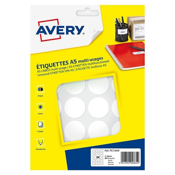 Avery Zweckform PET30W pastilles de marquage Ø 30 mm (240 étiquettes) - blanc AV-PET30W 212726 - 1