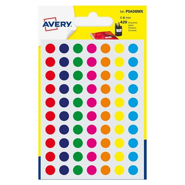 Avery Zweckform PSA08MX pastilles adhésives couleurs assorties Ø 8 mm (420 pièces) AV-PSA08MX 212711 - 1