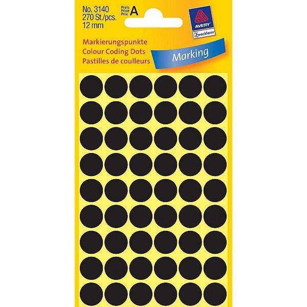 Avery zweckform 3140 pastilles de marquage Ø 12 mm (270 étiquettes) - noir 212340 - 1