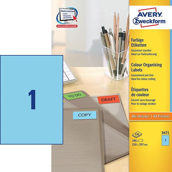 Avery zweckform 3471 étiquettes couleur 210 x 297 mm (100 pièces) - bleu 3471 212248 - 1