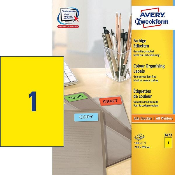 Avery zweckform 3473 étiquettes couleur 210 x 297 mm (100 pièces) - jaune 3473 212252 - 1