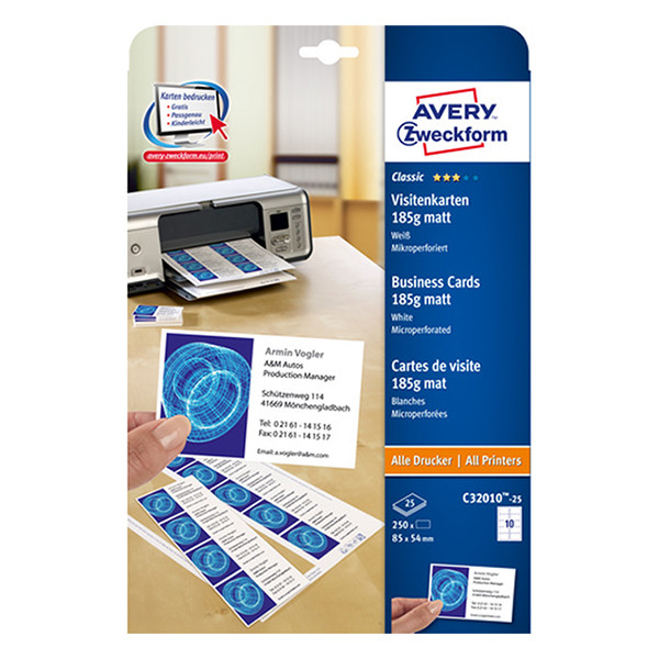 Avery zweckform C32010-25 cartes de visite micro perforation 85 x 54 mm (250 pièces) - blanc satiné C32010-25 212780 - 1