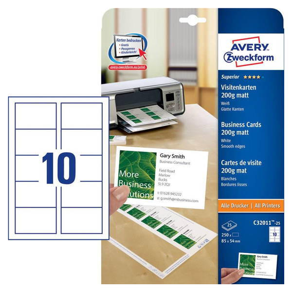 Avery zweckform C32011-25 cartes de visite 85 x 54 mm (250 pièces) - blanc mat C32011-25 212782 - 1