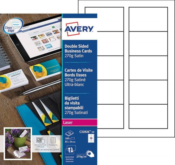 Avery zweckform C32026-10 cartes de visite 85 x 54 mm (100 pièces) - blanc satiné mat C32026-10 212790 - 1