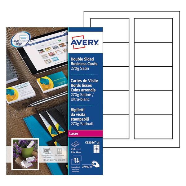 Avery zweckform C32026-25 cartes de visite 85 x 54 mm (250 pièces) - blanc satiné mat C32026-25 212791 - 1