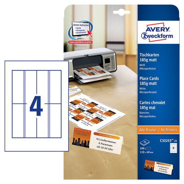 Avery zweckform C32253-25 cartes de table blanches 40 x 110 mm (100 pièces) C32253-25 212775 - 1