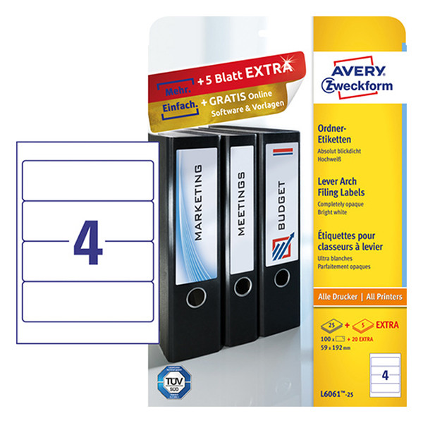 Avery zweckform L6061-25 étiquettes dos de classeur 192 x 59 mm (100 pièces) - blanc L6061-25 212136 - 1