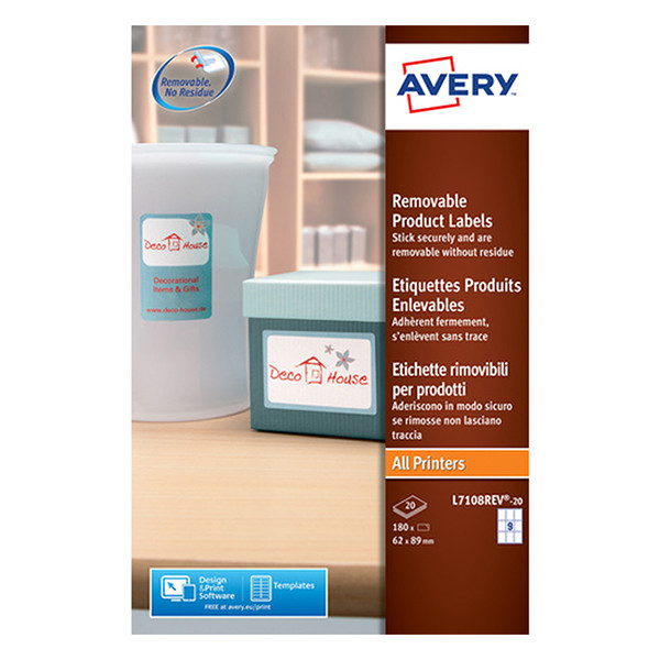 Avery zweckform L7108REV-20 étiquettes produits enlevables rectangulaires 62 x 89 mm (180 pièces) L7108REV-20 212616 - 1