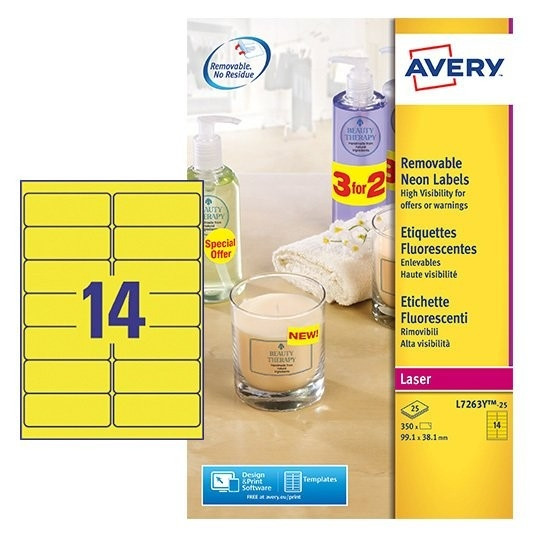 Avery zweckform L7263Y-25 étiquettes fluorescentes 99,1 x 38,1 mm (350 pièces) - jaune L7263Y-25 212752 - 1