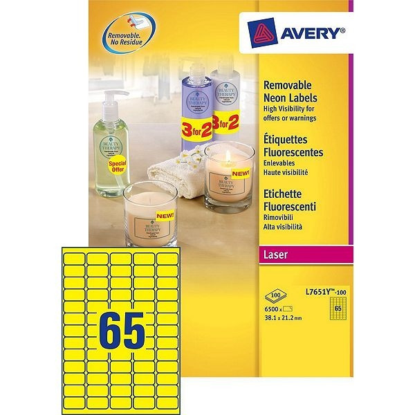 Avery zweckform L7651Y-100 étiquettes produits détachables 38,1 x 21,2 mm (6500 pièces) - jaune L7651Y-100 212649 - 1