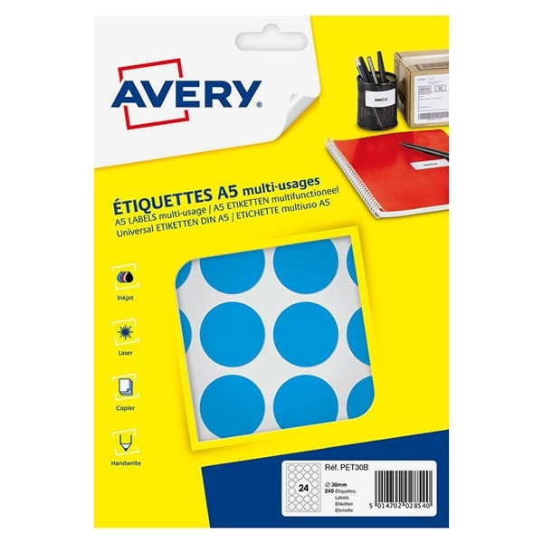 Avery zweckform PET30B pastilles de couleur Ø 30 mm (240 pièces) - bleu clair AV-PET30B 212722 - 1