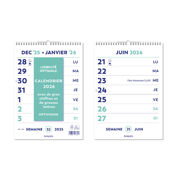 Brepols Optivision calendrier 2026 avec chiffres et lettres extra larges FR 1.896.9900.00.4.0 262516 - 1