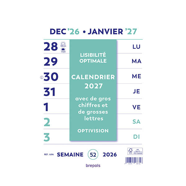 Brepols Optivision calendrier avec chiffres et lettres extra larges 2027 440229 - 1