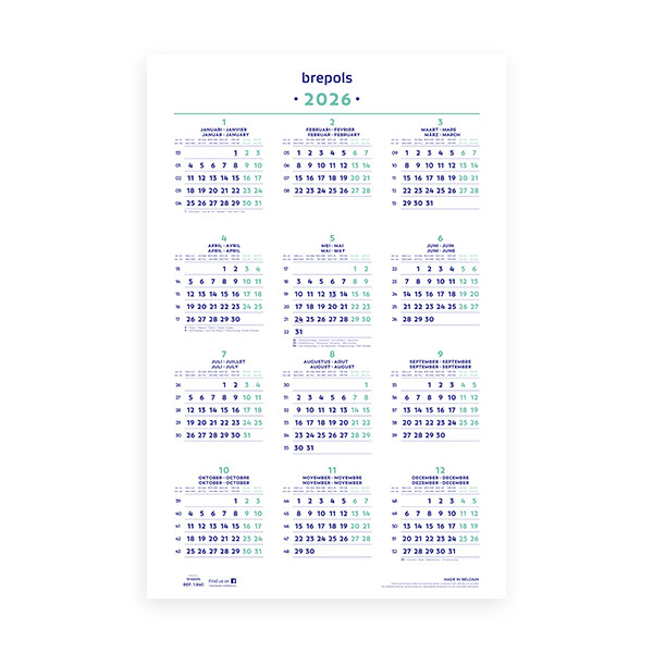 Brepols calendrier annuel 2026 4 langues 1.840.9900.00.0.0 262526 - 1