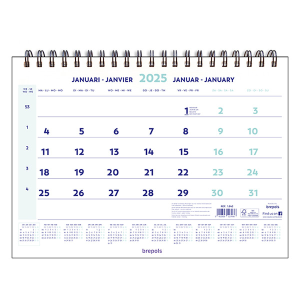Brepols calendrier mensuel 2025 avec reliure spirale 43 x 31,5 cm (4 langues) 261419 - 1