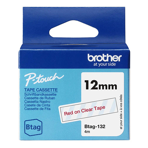 Brother Btag-132 ruban non laminé 12 mm (d'origine) - rouge sur transparent BTAG132 080344 - 1