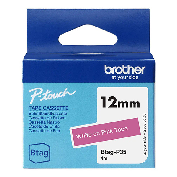 Brother Btag-P35 ruban non laminé 12 mm (d'origine) - blanc sur rose BTAGP35 080372 - 1