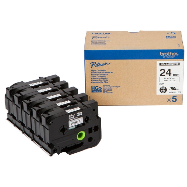 Brother HGe-251V5 cassette à ruban haute résolution 24 mm 5 unités (d'origine) - noir sur blanc HGe251V5 080914 - 1