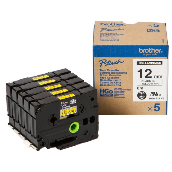 Brother HGe-631V5 ruban haute résolution 12 mm 5 unités (d'origine) - noir sur jaune HGe631V5 080918 - 1