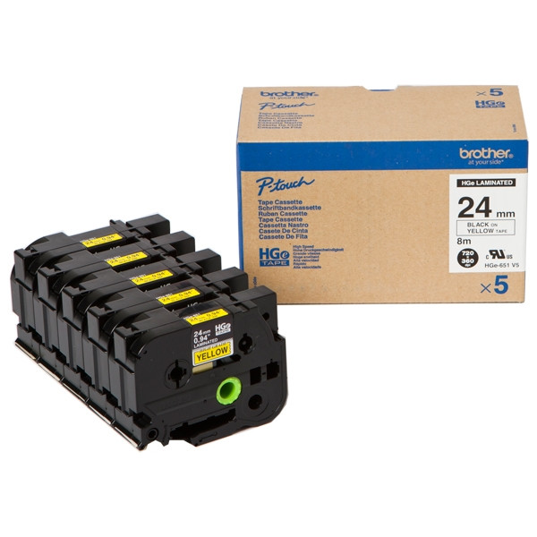 Brother HGe-651V5 ruban haute résolution 24 mm 5 unités (d'origine) - noir sur jaune HGe651V5 080920 - 1