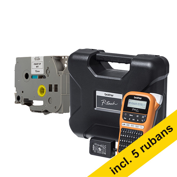 Brother PT-E110VP système de lettrage industriel avec mallette de transport (QWERTY) + 5 rubans noir sur blanc 833463 - 1