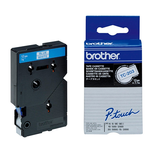Brother TC-203 'extrême' cassette à ruban 12 mm (d'origine) - bleu sur blanc TC-203 088834 - 1