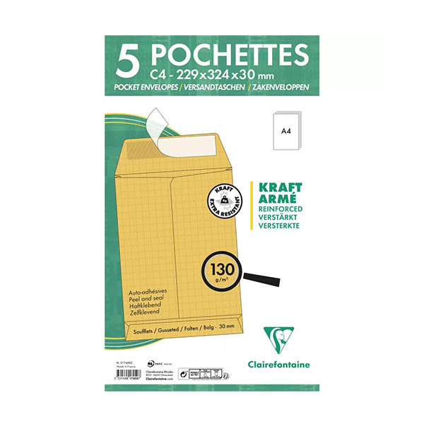 Clairefontaine pochette kraft 229 x 324 x 30 mm - C4 autocollante (5 pièces) 404643 - 1