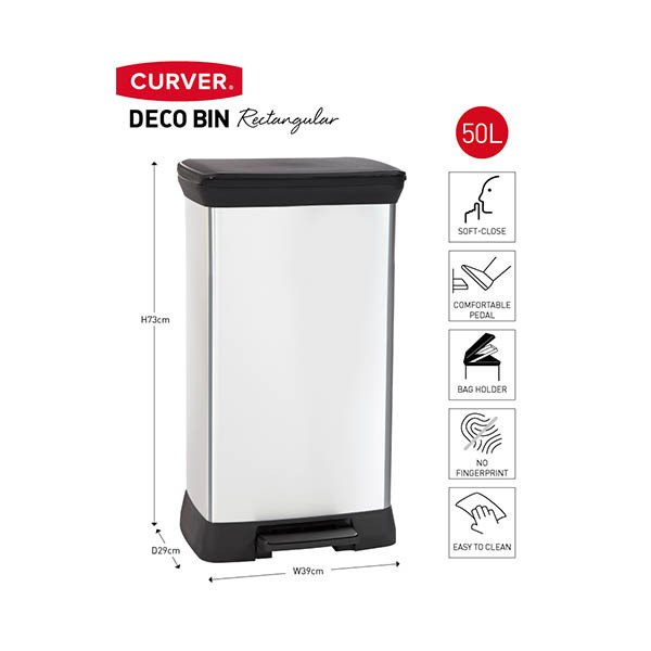 Curver Decobin poubelle rectangulaire (50 litres) - argent métal 243885 - 2