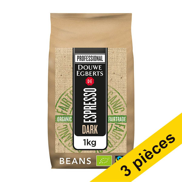 Offre : 3x Douwe Egberts Espresso Organic & Fairtrade Dark Roast grains de café 1 kg 423927 - 1