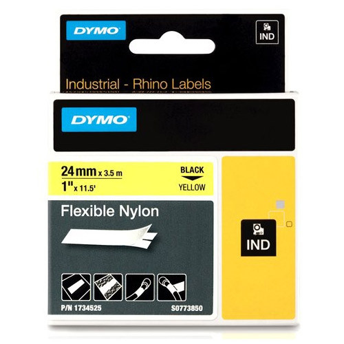 Dymo 1734525 IND Rhino ruban d'étiquette nylon flexible noir sur jaune 24 mm (d'origine) 1734525 S0773850 088724 - 1