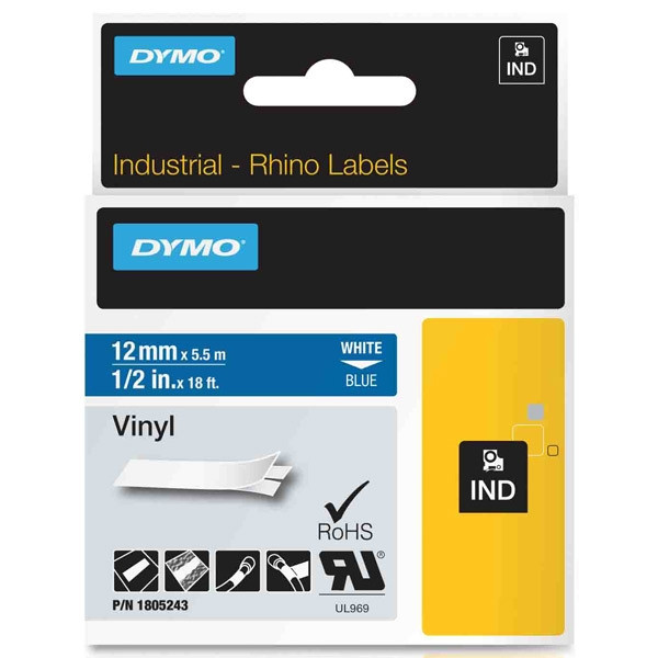 Dymo 1805243 IND Rhino ruban d'étiquettes vinyle 12 mm (d'origine) - blanc sur bleu 1805243 088646 - 1