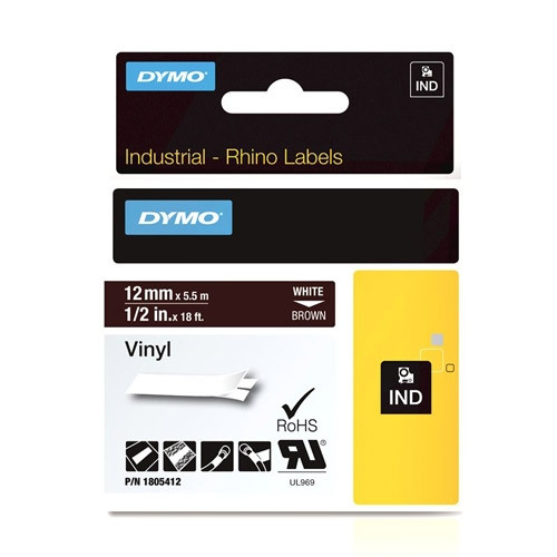 Dymo 1805412 IND Rhino ruban d'étiquettes vinyle 12 mm (d'origine) - blanc sur marron 1805412 088658 - 1