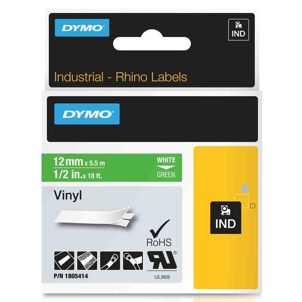 Dymo 1805414 IND Rhino ruban d'étiquettes vinyle 12 mm (d'origine) - blanc sur vert 1805414 088640 - 1